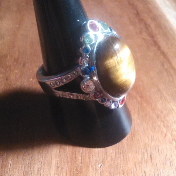 Tiger's Eye and Austrian Crystal Stainless Steel Ring (Size 9) - Picture 13 of 16